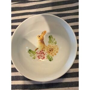 222 Fifth Leanna Porcelain Bunny Rabbit Floral Cereal Bowl Blue WhStriped 5.5in